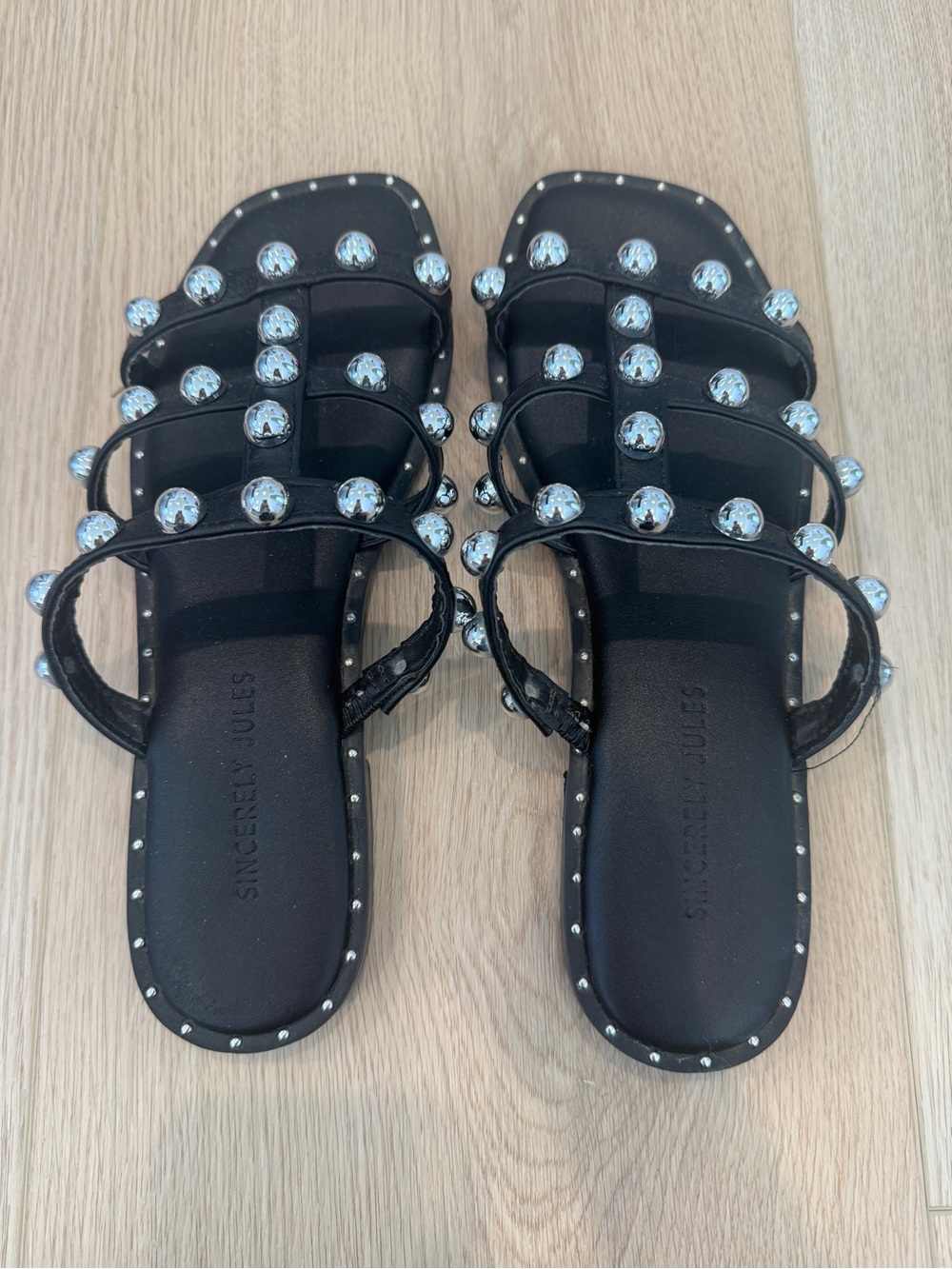 Sincerly Jules Black Studded Crystal Strap Slide Sandals 7